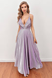 Lilac Deep V Neck Long Formal Dress with Cross Straps