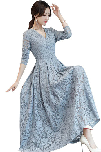 Sky Blue V-Neck Lace Dress