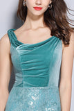 Turquoise Sheath Scoop Neck Lace Velvet Dress