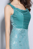 Turquoise Sheath Scoop Neck Lace Velvet Dress