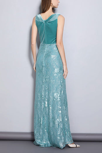 Turquoise Sheath Scoop Neck Lace Velvet Dress