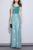 Turquoise Sheath Scoop Neck Lace Velvet Dress