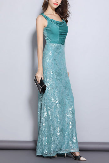 Turquoise Sheath Scoop Neck Lace Velvet Dress