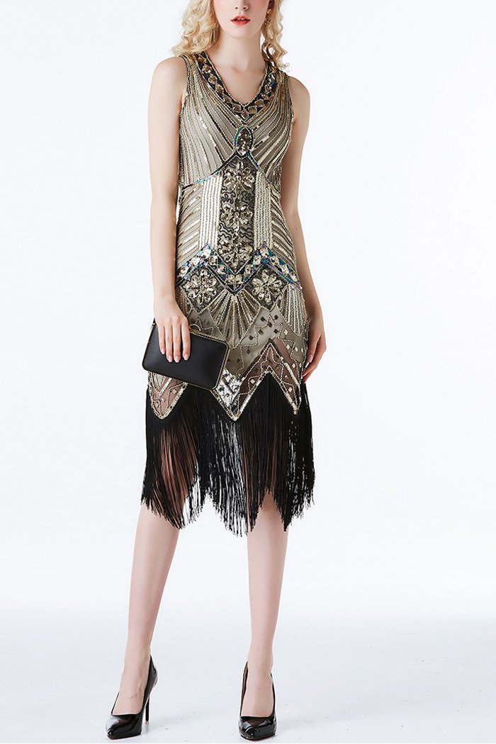 Load image into Gallery viewer, Gold Glitter Fringe 1920s Flapper Dress