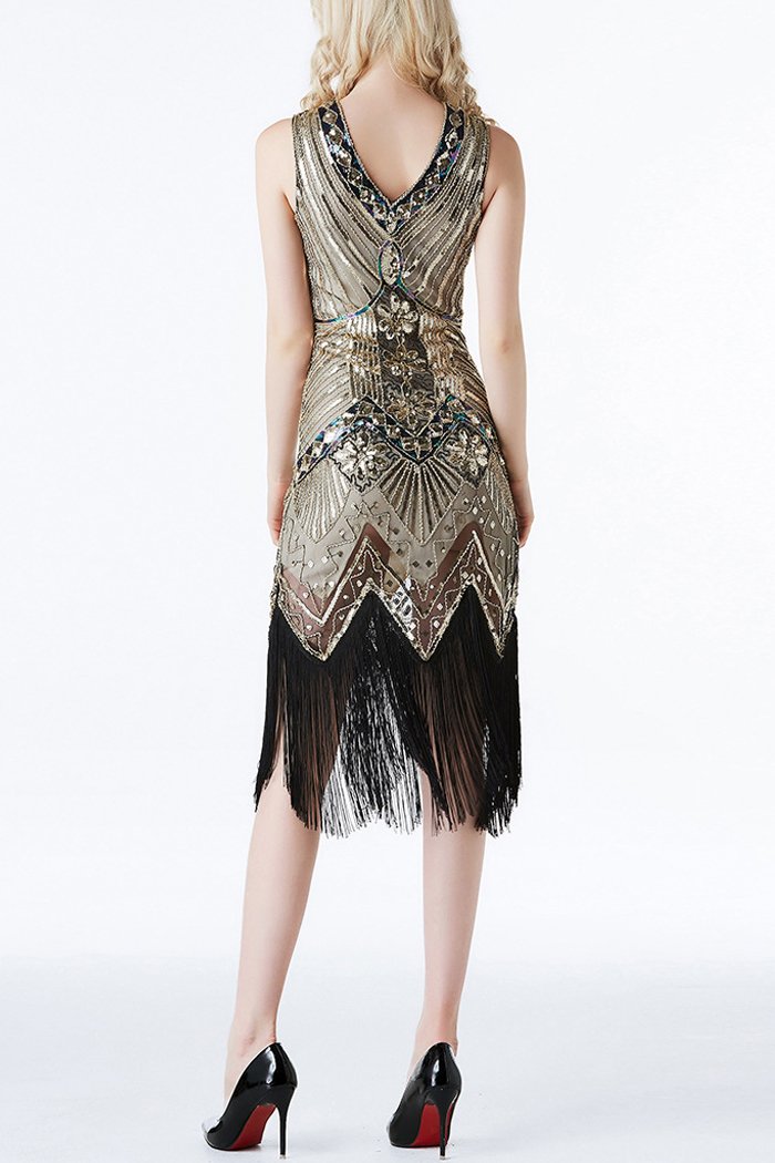 Zapaka AU Gatsby Dress Gold V Neck Sleeveless Sequins Glitter 1920s ...