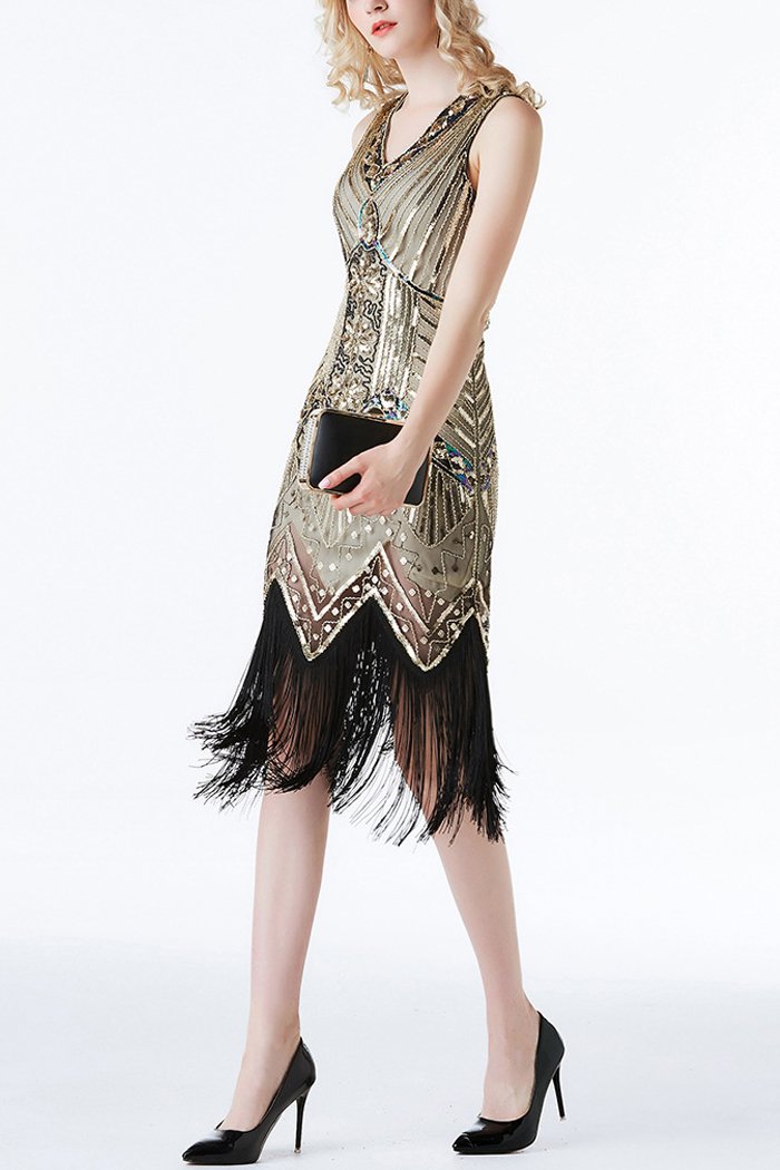 Load image into Gallery viewer, Gold Glitter Fringe 1920s Flapper Dress