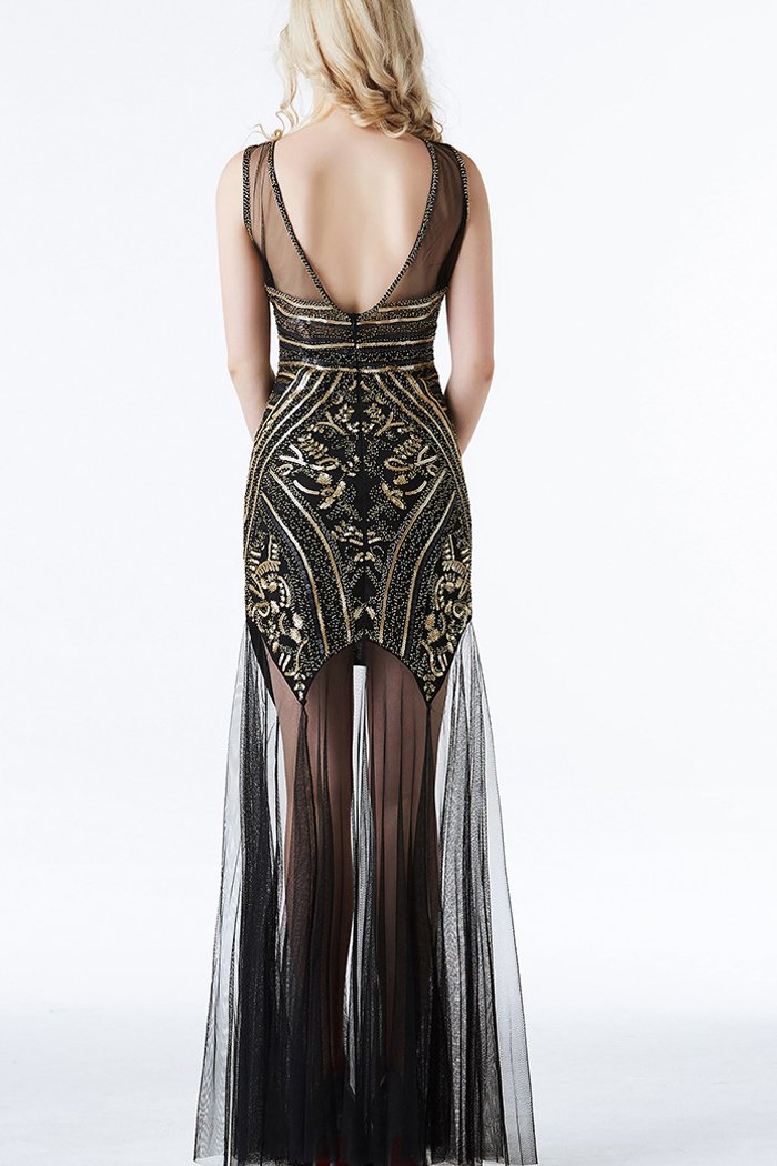Load image into Gallery viewer, Black and Gold Sequin Long Tulle 1920s Dress