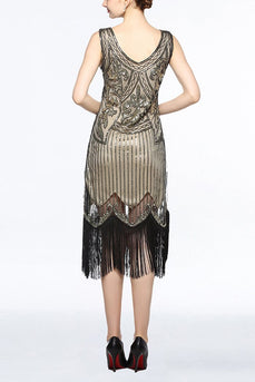 Women Gold V Neck 1920s Fringe Sequin Flapper Dress