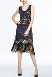 Women Navy V Neck 1920s Fringe Sequin Flapper Dress