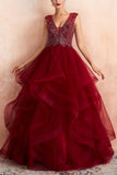 Burgundy Tulle Long Prom Dress