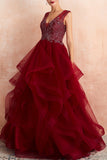 Burgundy Tulle Long Prom Dress