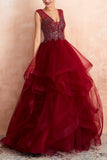 Burgundy Tulle Long Prom Dress