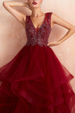 Burgundy Tulle Long Prom Dress