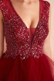 Burgundy Tulle Long Prom Dress