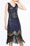 Women Navy V Neck 1920s Fringe Sequin Flapper Dress