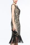 Women Gold V Neck 1920s Fringe Sequin Flapper Dress