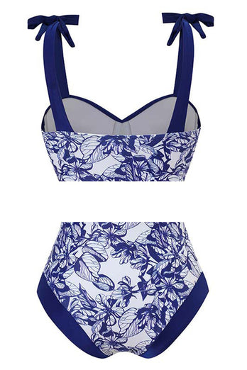 High Waist Printed Dark Blue 3 Piece Swimwear Set with Beach Dress