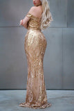 Off Shoulder Gold Mermaid Sequins Dress