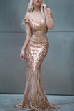 Off Shoulder Gold Mermaid Sequins Dress