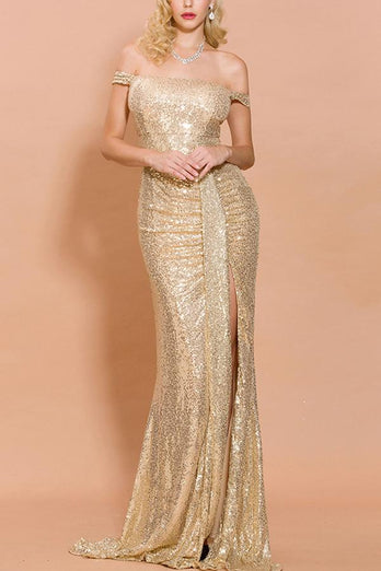 Gold Sequin Memaid Long Prom Dress