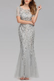 Mermaid Short Sleeves Silver Prom Dress