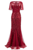 Mermaid Short Sleeves Red Prom Dress