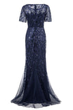 Mermaid Short Sleeves Navy Prom Evening Dress