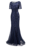 Mermaid Short Sleeves Navy Prom Evening Dress