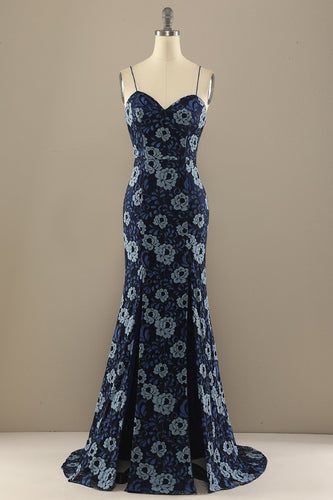 Mermaid Navy Blue Flower Lace Prom Party Dress