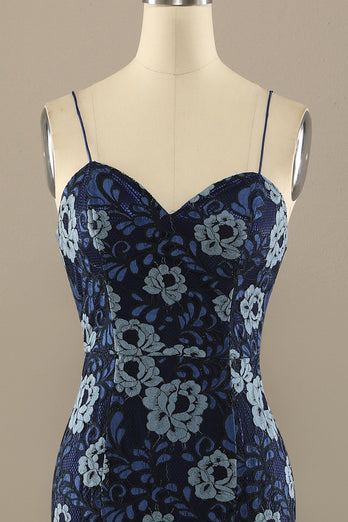 Mermaid Navy Blue Flower Lace Prom Party Dress