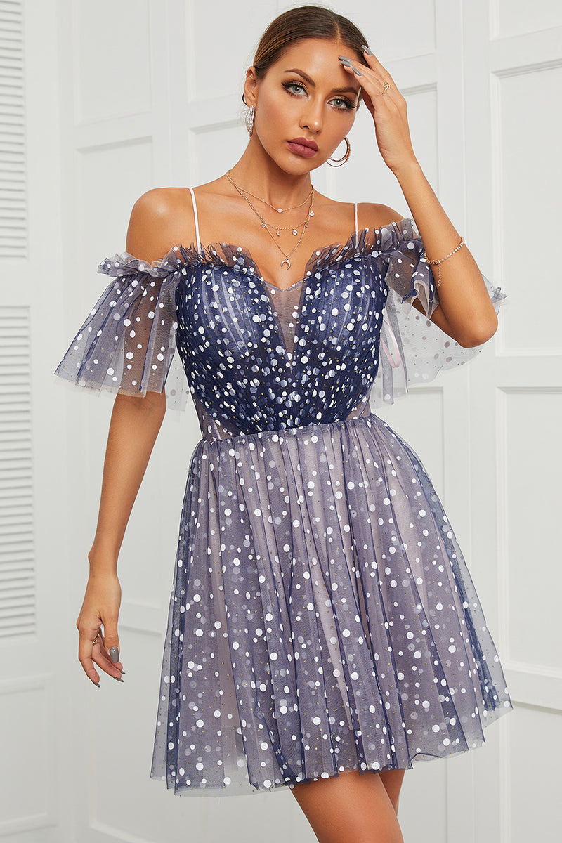 Load image into Gallery viewer, Navy Polka Dots Off Shoulder Cocktail Dress