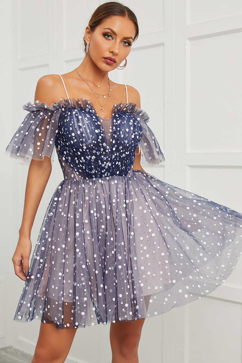 Load image into Gallery viewer, Navy Polka Dots Off Shoulder Cocktail Dress