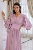 Blush Long Sleeves V Neck Formal Dress