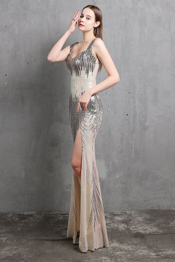 Gold Mermaid Sequin V Neck Formal Dress