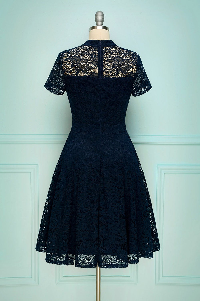 Load image into Gallery viewer, Navy High Neck Lace Dress
