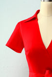 Red V-neck Solid Dress