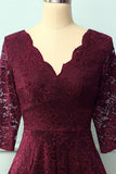 Burgundy 3/4 Sleeves Formal Dress