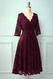 Burgundy 3/4 Sleeves Formal Dress