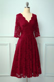 Dark Red 3/4 Sleeves Formal Dress