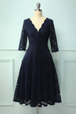 Navy 3/4 Sleeves Formal Dress