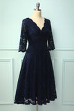 Navy 3/4 Sleeves Formal Dress