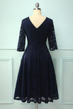 Navy 3/4 Sleeves Formal Dress