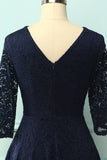 Navy 3/4 Sleeves Formal Dress