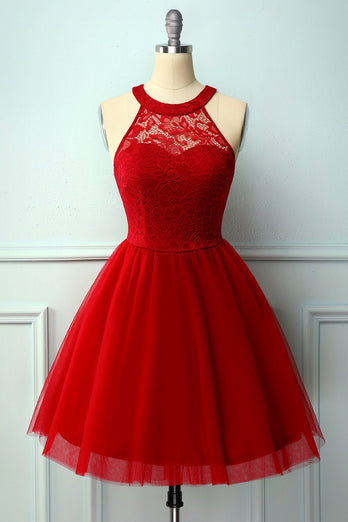 Dark Red Halter Lace Dress