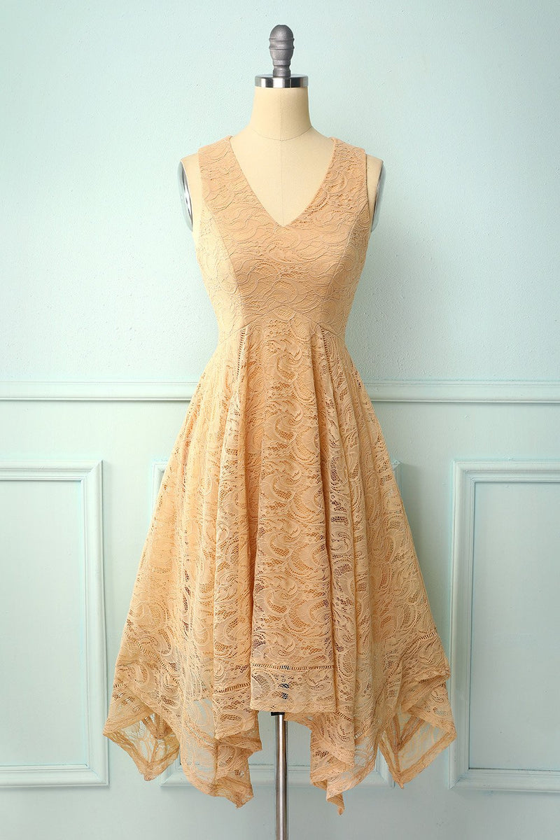 Load image into Gallery viewer, Asymmetrical Champagne V-neck Lace Dress
