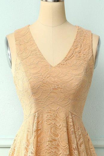 Asymmetrical Champagne V-neck Lace Dress