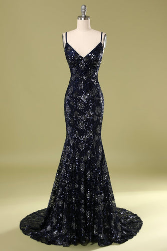 Navy Evening Dress with Beading & Sequins