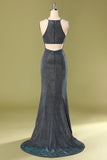 Grey Halter Long Dress with Slit