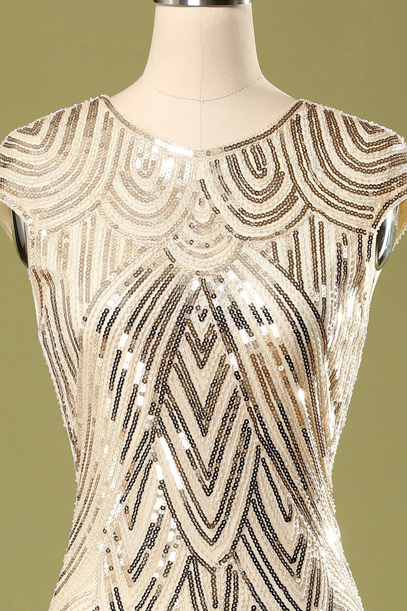 Load image into Gallery viewer, Gold Sequin Fringe Flapper Dress