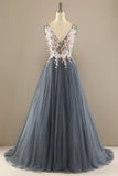 Gorgeous Deep V Neck Grey/Pink Formal Dress with Appliques